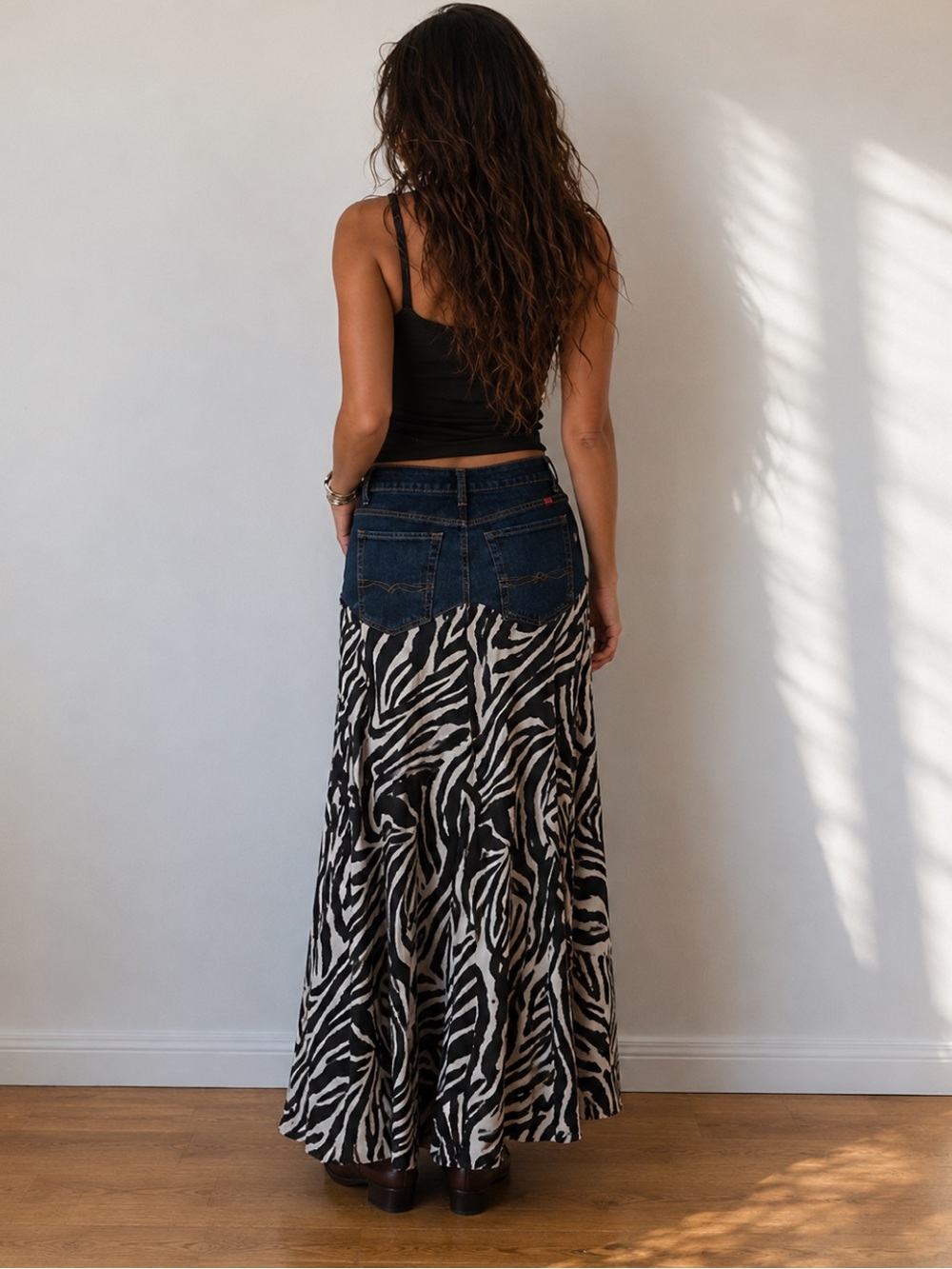 Lucky Brand Reworked Zebra Print Maxi Skirt Denim Boho Festival Size 29